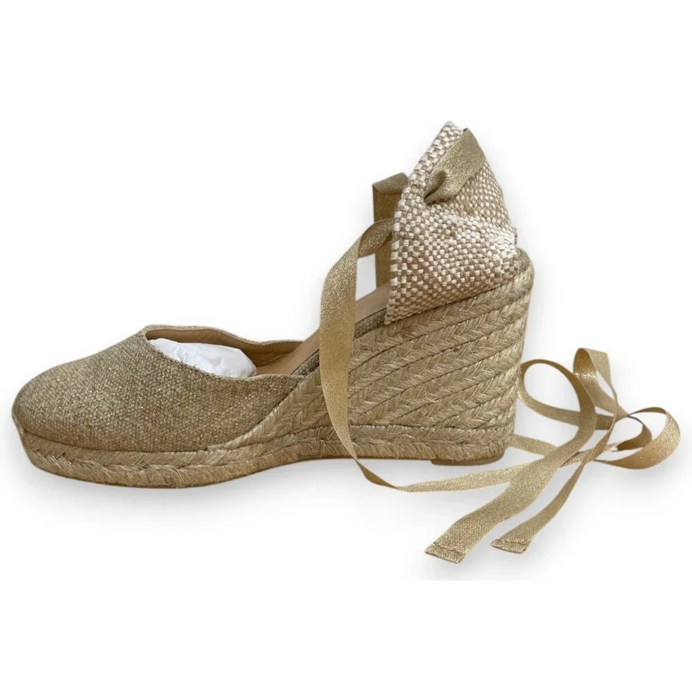 Castaner Carina Wedge Espadrilles Womens 38 7.5 Gold Wedges Sandals Lace Up New